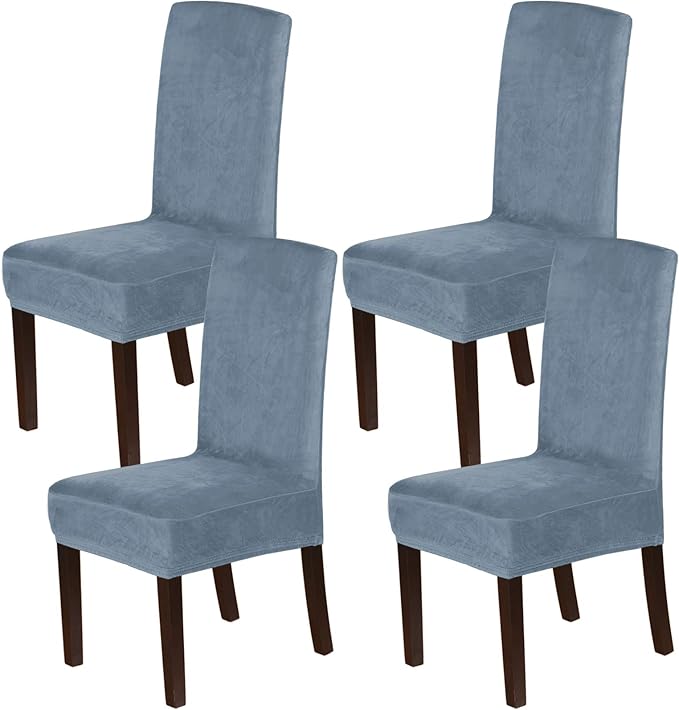 H.VERSAILTEX Velvet Dining Chair Covers Stretch Chair Covers for Dining Room Set of 4 Parson Chair Slipcovers Chair Protectors Covers Dining, Soft Thick Solid Velvet Fabric Washable, Stone Blue