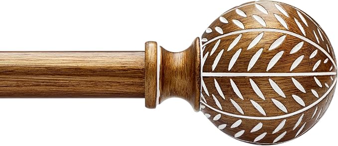 Gold Curtain Rods for Windows 48 to 84 Inch,1'' Diameter Drapery Rods with Imitation Wood Grain Leaf Pattern Finials,Boho Adjustable Heavy Duty Curtain Rods Set,36-88'',Antique-Gold Wood