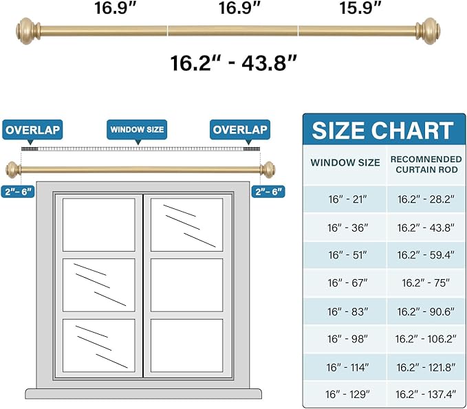 H.VERSAILTEX Curtain Rods for Windows 16.2 to 43.8 Inches 3/4 inch Diameter Adjustable Decorative Telescoping Curtain Rod with Brackets Heavy Duty Splicing Window Rods with Classic Finials, Gold