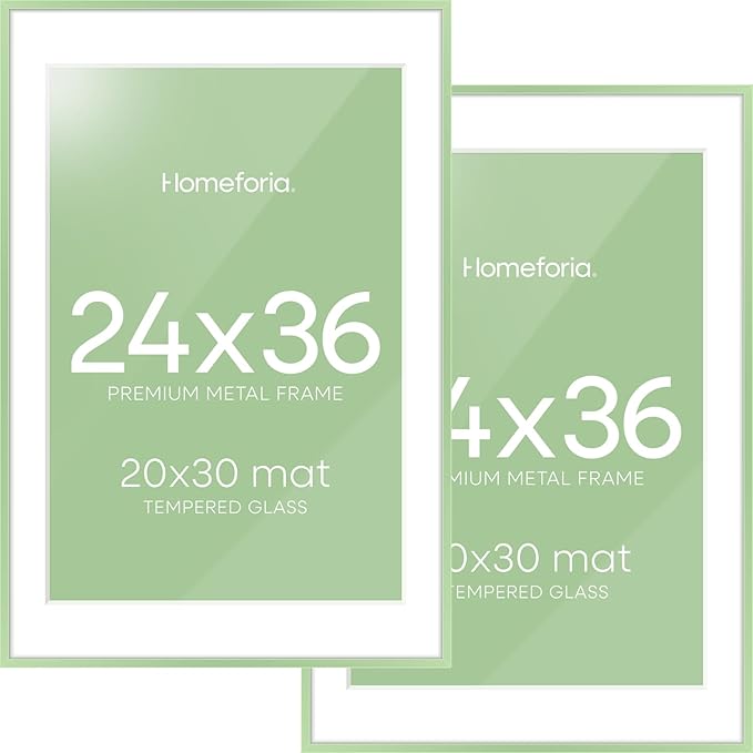 Homeforia 24x36 Sage Green Picture Frame, High End Metal 24x36 Large Poster Frames with Mat 20x30 inch Photo, 24 x 36 Thin Frame Matted to 20 x 30 Art, 36x24 Frames, Tempered Glass, Wall Kit, Set of 2