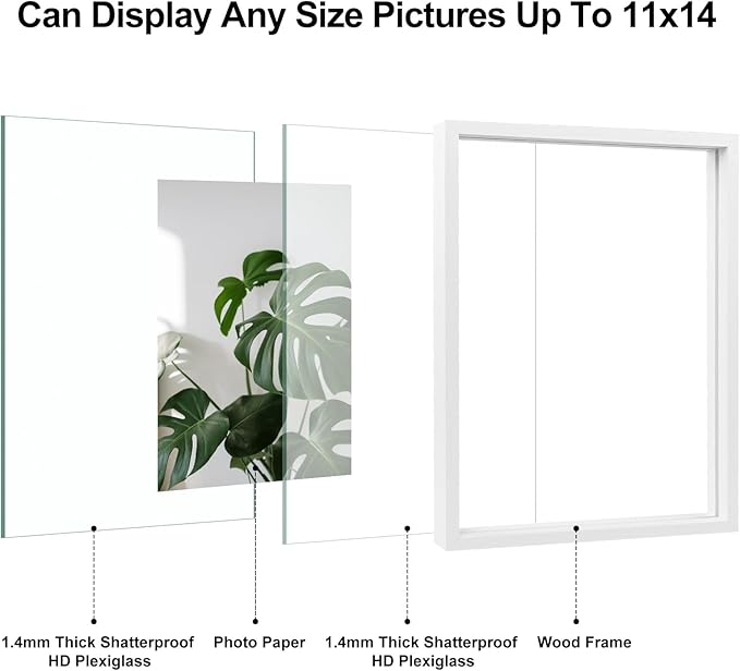 Egofine 11x14 Floating Frames Set of 2, Double Plexiglass Picture Frame, Made of Solid Wood Display Any Size Photo up to 11x14, Wall Mount or Tabletop Standing, White