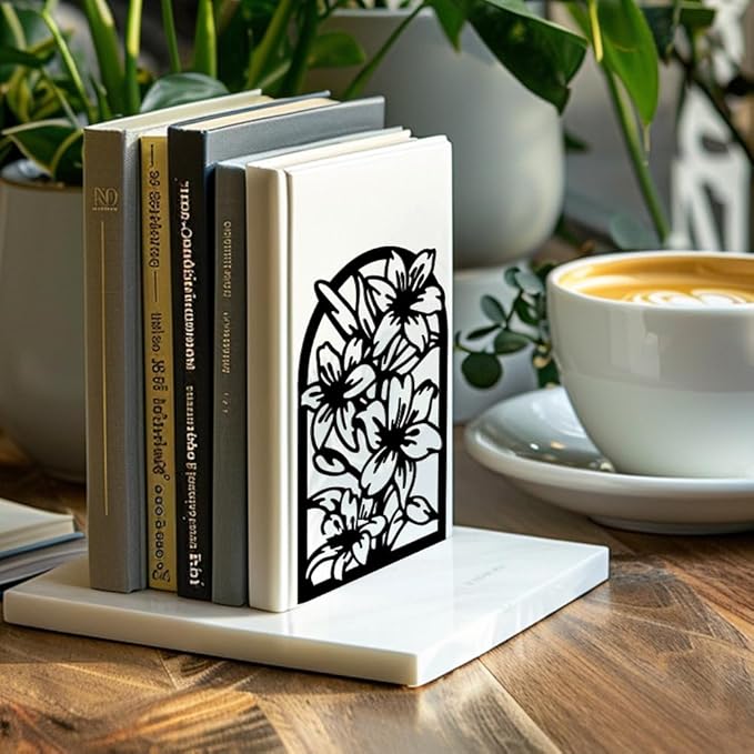 Peacoblue Metal Bookends for Shelves, Modern Decorative Heavy Duty Study Book Support Stoppers for Office, Desk, Shelf, Room 5.3"x4.3"x7.9" Cast Iron Simple Tall Bookends, 1 Pair (Lily Flower)