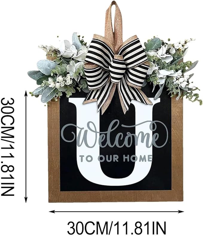 Last Name Year Round Front Door Wreath Front Porch Decoration 26 Letter Welcome Sign with Eucalyptus Garland and Bow Spring Wreaths for Front Door Outside Hanger Garland（U）