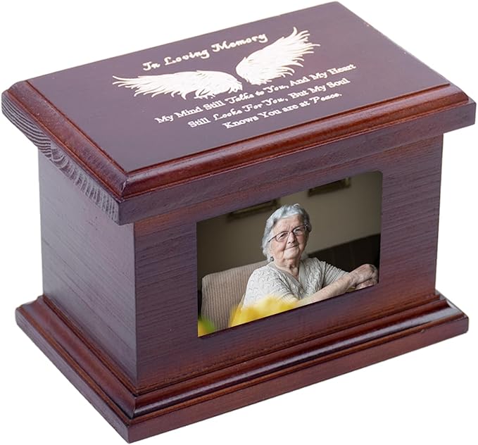 5.5 Inch Small Wooden Memorial Urn with Photo Frame, Keepsake Urn Box for Human/Pet Ashes - Wing