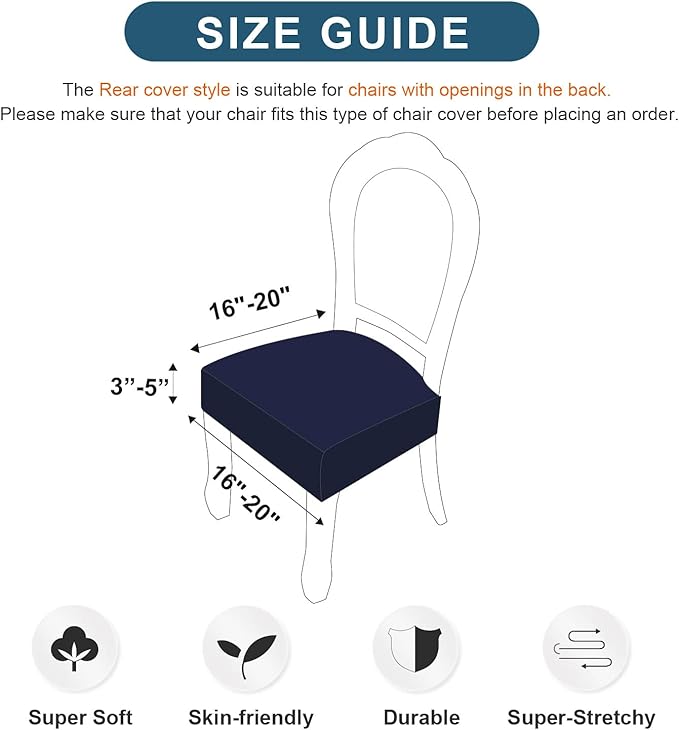 Genina Waterproof Seat Covers for Chairs,Set of 2 Dining Room Chair Seat Covers for Kitchen,Stretch Jacquard Removable Washable Dining Chair Slipcovers Protectors with Rear Covers, Navy Blue