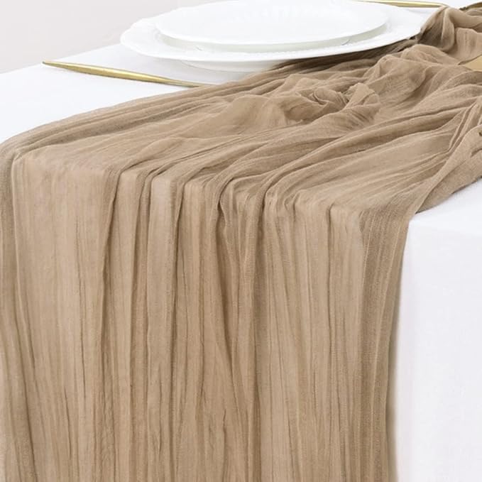 Socomi 6pcs Nude Brown Cheesecloth Table Runner Valentine's Day Boho Rustic Gauze 120 inch 10FT Cheese Cloth Runner for Wedding Party Baby Shower Birthday Home Decor Holiday Decorations