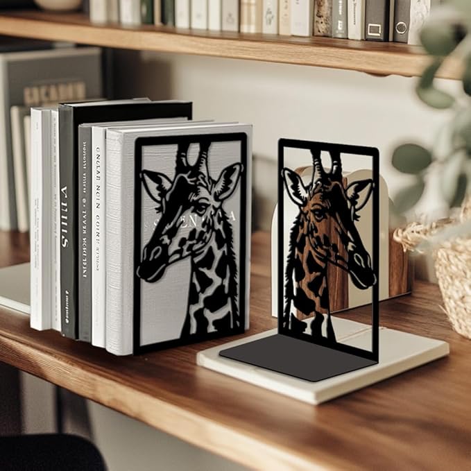 Peacoblue Metal Bookends for Shelves, Modern Decorative Heavy Duty Study Book Ends Stoppers for Office, Desk, Shelf, Room 5.3"x4.3"x7.9" Cast Iron Simple Tall Bookends 1 Pair (Giraffe)