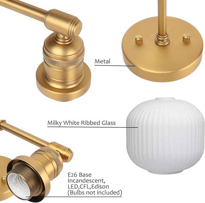 Pathson 2 Lights Milk White Globe Wall Sconce, Hardwired Antique Double Sconce for Living Room Home Decor, Striped Glass Bathroom Vanity Light, E26 Bulb Base