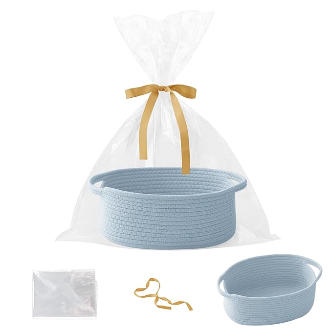 Small Woven Rope Basket-Empty Gifts Basket with Bag and Ribbons,Cute Handle Organizer Box for Birthday/Baby Shower, Toy Storage, Nursery Organizing & Shelf Decor(Blue)