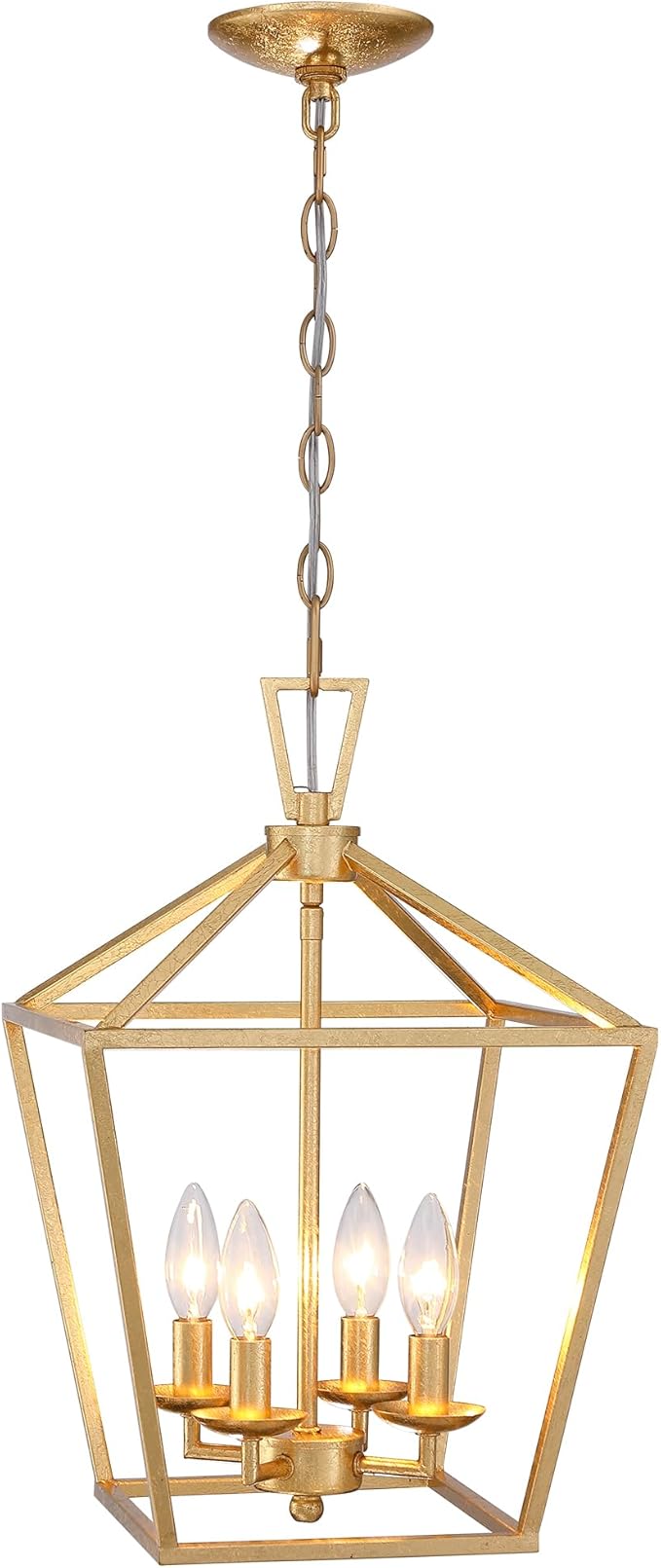 Untrammelife 4-Light Gold Lantern Pendant Light, Adjustable Height Metal Geometric Light Fixture 12’’ Classic Cage Lantern Chandelier for Kitchen Island Hallway, Hand-Pasted Gold Foil Finish