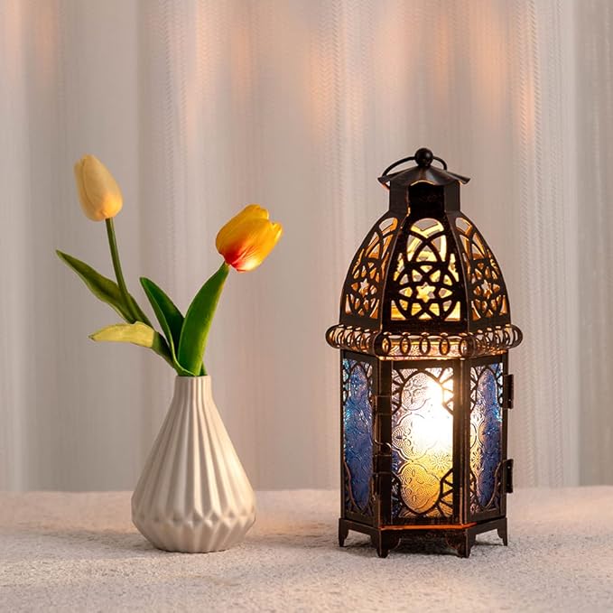 DECORKEY Vintage Candle Lantern, 12.8’’ Moroccan Style Decorative Metal Hanging&Tabletop Lantern, Ramadan Christmas Candle Holder Decorations for Home Outdoor Patio (Blue)