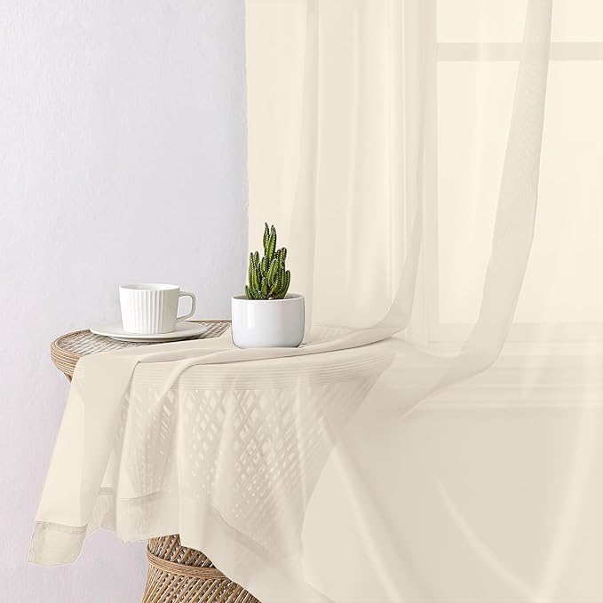 Lecloud Cream Sheer Curtains 96 Inches Long 2 Panels, Elegant Light Filtering Voile Breathable Curtains, Gauzy Window Decor with Top Dual Rod Pocket for Living Room Bedroom, Each 42" W x 96" L
