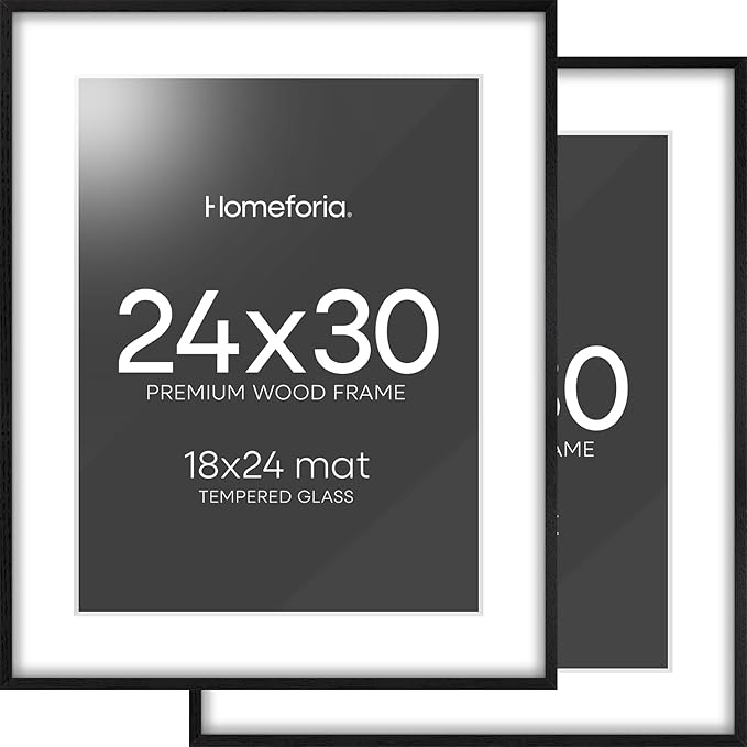 Homeforia Poster Frame 24x30 Black, High End Oak 24x30 Wooden Picture Frames with Mat 18x24 in Photo, 24 x 30 Large Wood Frame Matted to 18 by 24 Print, 30x24 Frame, Tempered Glass, Wall Kit, Set of 2