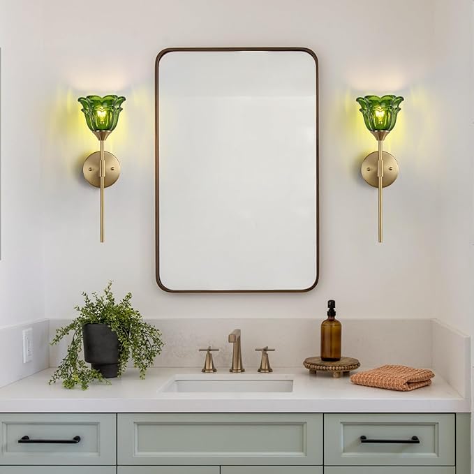 2 Pack Gold Wall Sconce with Green Glass Shades, Modern Mid Century Bathroom Vanity Wall Light Fixtures, Industrial Brushed Brass Wall Lamp, for Bedroom Mirror Living Room, ETL Listed
