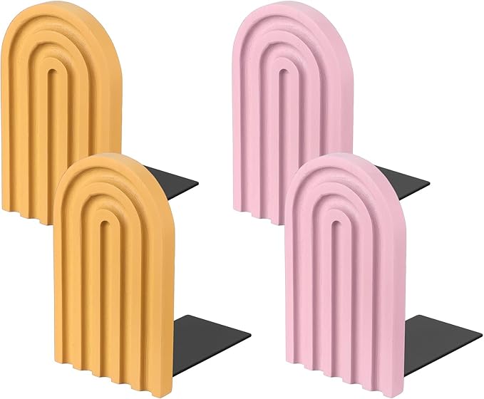 PATIKIL 4Pcs Boho Arch Bookends, Non-Skid Wood Book Ends Rainbow Wooden for Shelves Book Stopper Stand Cute for Holding Books Movie CD Home Office Library Decorative, Pink/Yellow