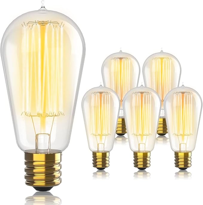 Hudson Bulb Co. Vintage Incandescent Edison Light Bulbs, 60W, E26/E27 Base, 2100K Dimmable Decorative Lights, ST58 Style Warm Glow, Antique Squirrel Filament for Outdoor and Indoor Use - 6 Pack