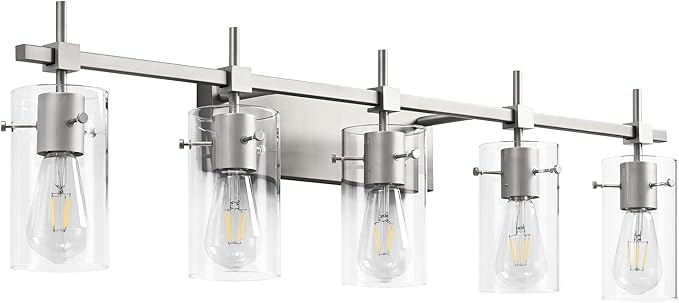 SOLFART 40.1 inch 5 Light Bathroom Vanity Light fixtures Bathroom Light Fixture Over Mirror Brushed Nickel Wall Lights with Glass Shade