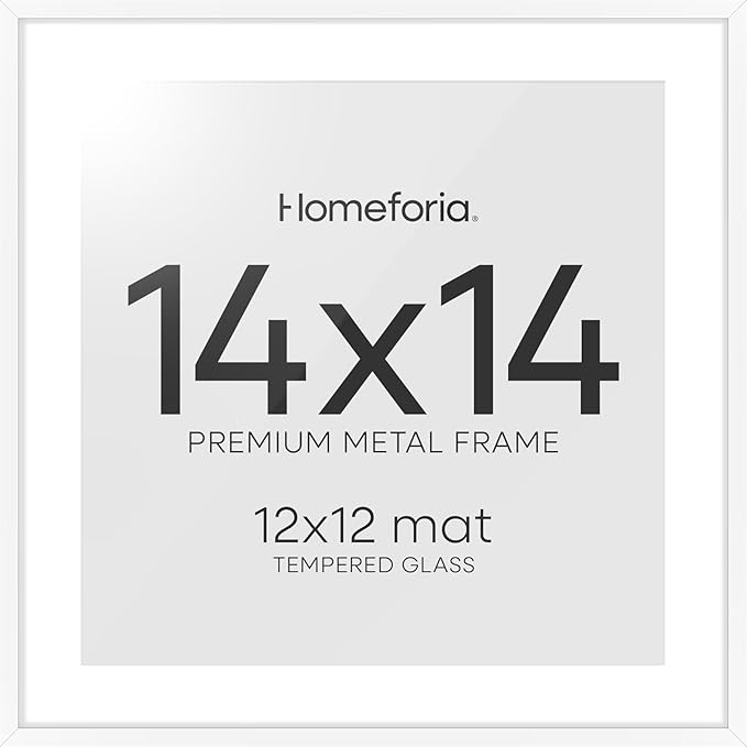 Homeforia 14x14 Picture Frame White, High End Metal 14 x 14 Square Poster Frames with Mat 12 x 12 Photo, 14x14 White Frame Matted to 12x12 Print, 14by14 Thin Frames, Tempered Glass, Wall Kit, Set of 1