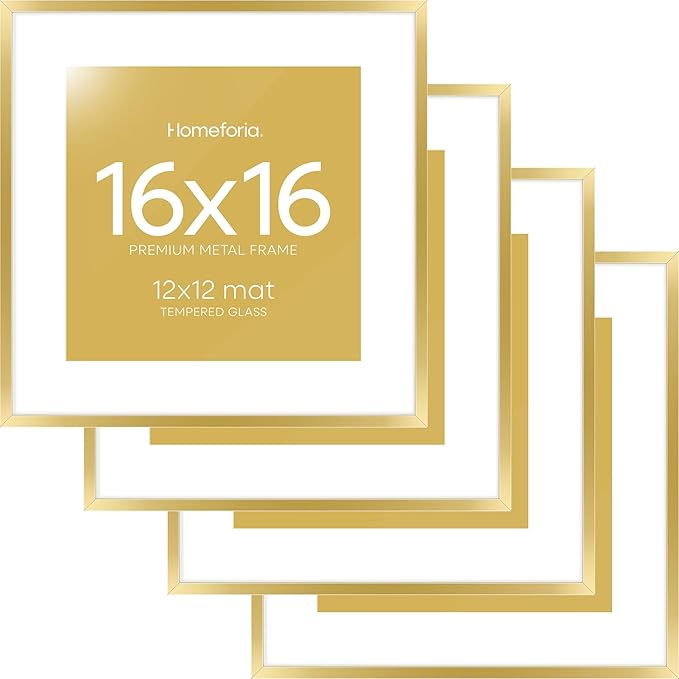 Homeforia 16x16 Picture Frame Gold, High End Metal 16 x 16 Square Poster Frame with Mat 12 x 12 Photo, 16x16 Frame Matted to 12x12 Print, 16by16 Gold Hanging Frames, Tempered Glass, Wall Kit, Set of 4