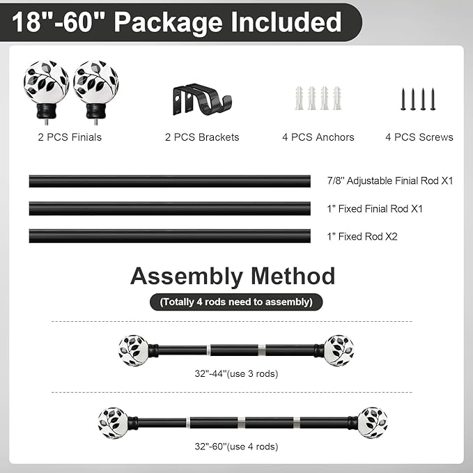 Ceramic Black Curtain Rods for Windows 28 to 48 Inches Adjustable Length Heavy Duty 1" Diameter Window Curtain Rod with Modern Leaf Pattern Decorative Finials for Bedroom Kitchen Living Room