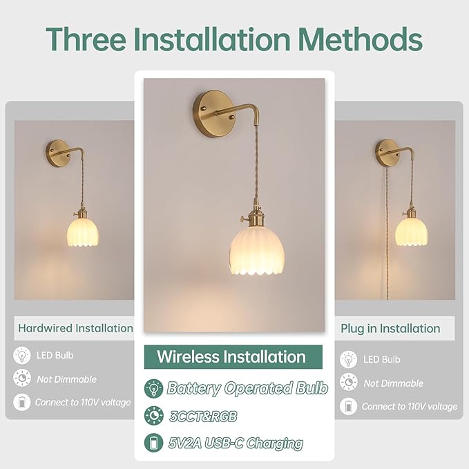 Battery Operated Wall Sconce with White Tulip Shade Pattern Glass Adjustable Chain Retro Gold Wall Mounted Light, Modern Wall Lamp Fixtures Decor for Bedside Bedroom Indoor Doorway，Set of 2