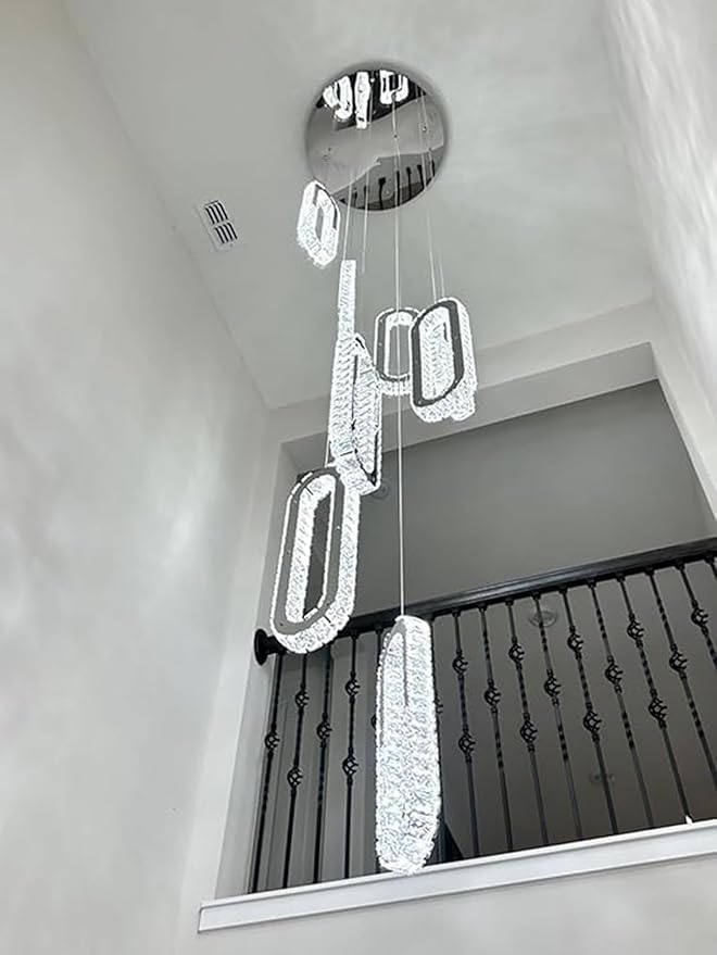8 Rings Crystal Chandelier,H 118" Modern Silver Pendant Light Luxury Foyer Lighting Fixture High Ceiling Chandelier for Entryway,Staircase,Living Room,Villa LED Dimmable 2700K-6000K