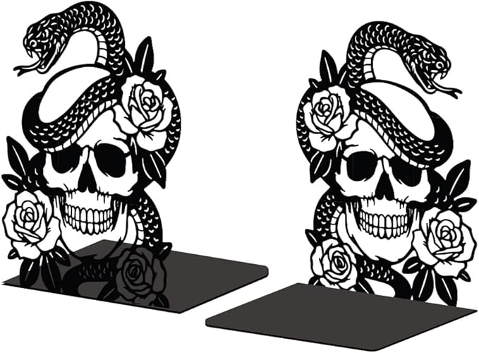 Peacoblue Metal Bookends for Shelves, Modern Decorative Heavy Duty Study Book Support Stoppers for Office, Desk, Shelf, Room 5.3"x4.3"x6.7" Cast Iron Simple Tall Bookends, 1 Pair (Skulls and Snakes)