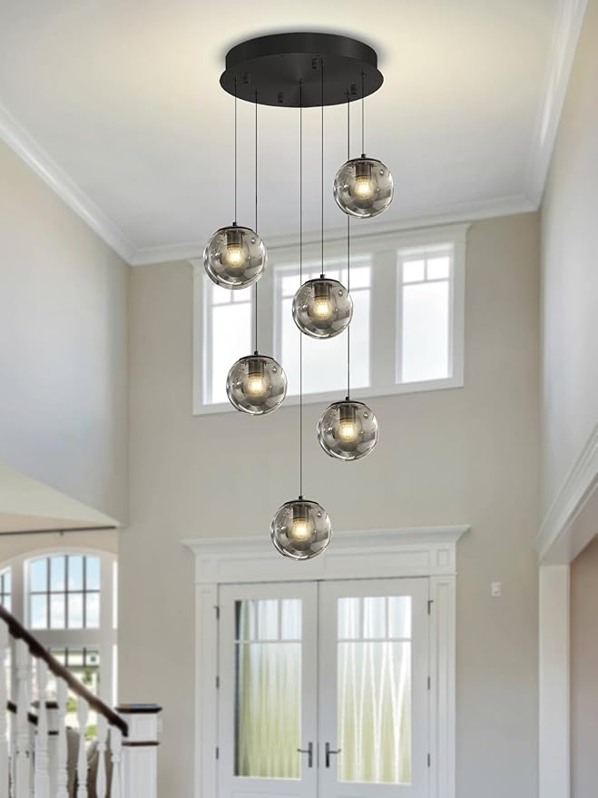 6-Light Globe Glass Pendant Light Modern Smoke Gray Glass Globe Chandelier Large Chandeliers for High Ceilings Entryway Adjustable Hanging Light for Living Room Foyer Hallway