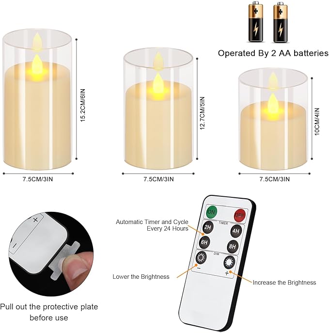 Flameless Candles 4" 5" 6" Set of 3 Acrylic Glass Pillars 3" Diameter Battery Operated Flickering Candles Include 10-Key Remote with Timer Function 400+ Hours (Pure White, Warm Light 9 Pack)