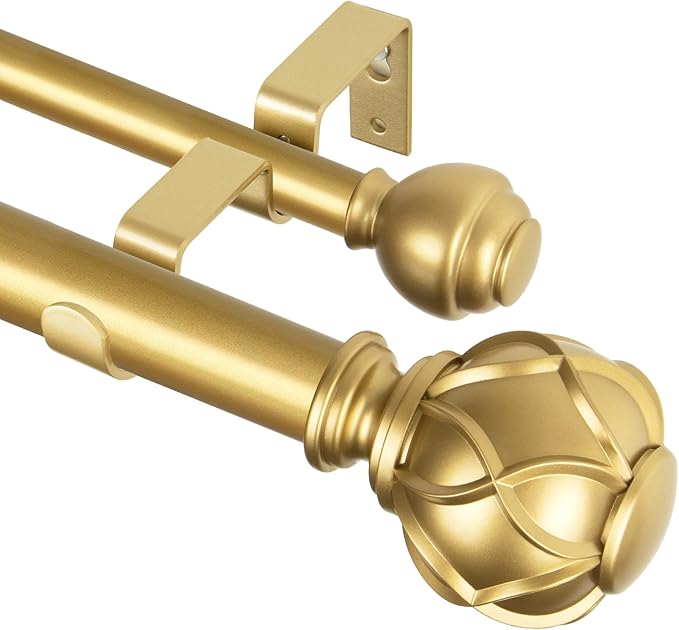 KAMANINA 1 Inch Double Curtain Rods for Windows 72 to 144 Inches (6-12 Feet)，Warm Gold Heavy Duty Double Curtain Rod, Telescoping Drapery Rod with Netted Texture Finials