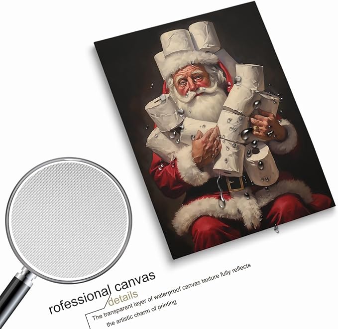 Santa Bathroom Christmas Holiday Decor - Funny Toilet Poster With Santa Rolls - 16x20 Inch Unframed Painting