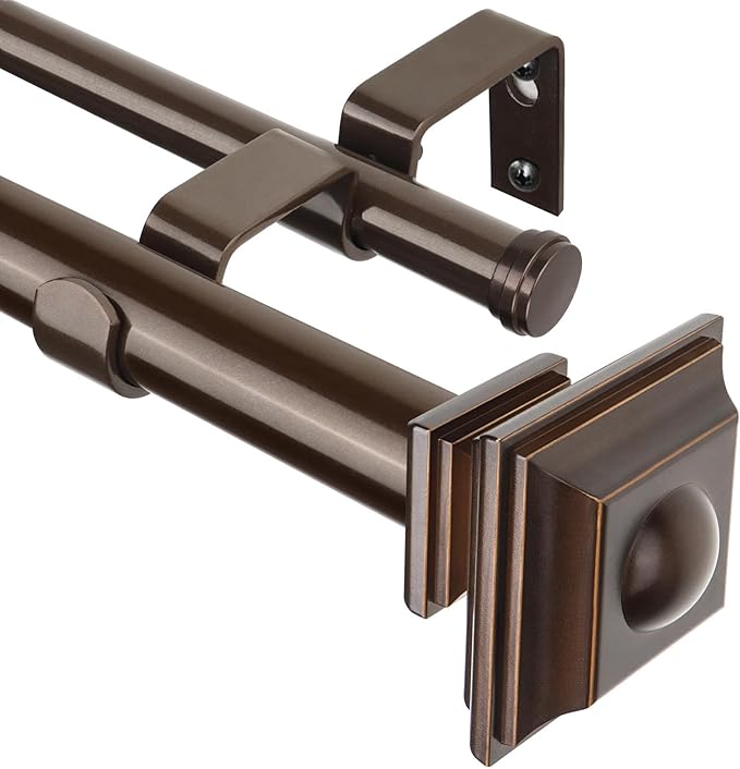 KAMANINA 1 Inch Bronze Curtain Rods 66 to 120 (5.5-10 Feet), Telescoping Splicing Double Curtain Rod for Windows 54 to 115 Inches, Long Curtain Rod with Square Finials