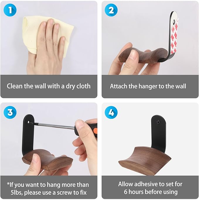 Wood Headphone Wall Mount Holder, with VHB Adhesive Tape and Screw, Holds 10 lbs (Black & Walnut Wood, 2 Pack)