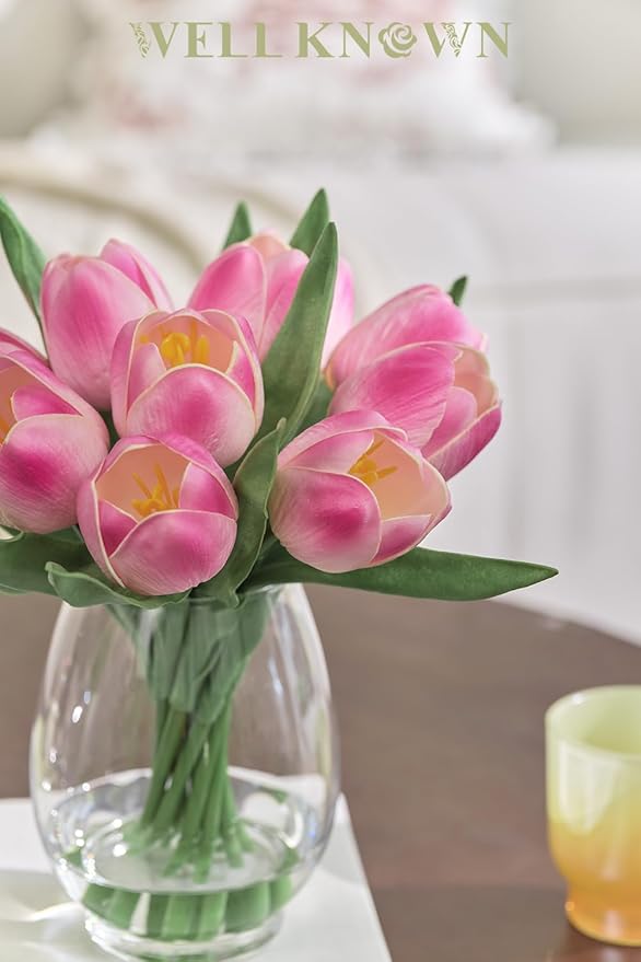 WELL KNOWN 12 Pcs Fake Tulips Artificial Pink Flowers in Vase with Faux Water, Real Touch Foam Tulips Arrangements with Vase for Home Office Decor, Dining Table Wedding Centerpiece Gift (Fuchsia)