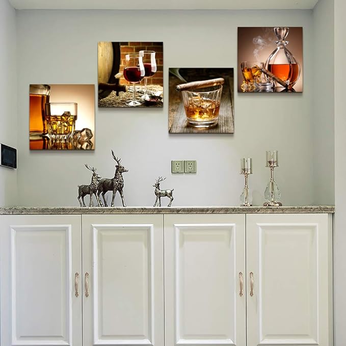 Canvas wall Art For Kitchen Dining Room Wall Decor Still Life Wine Glass Wall Paintings Ready To Hang For Home Decor Pub Restaurant Mural Framed Pictures Posters Prints Artwork 16" X 16"4 Piece