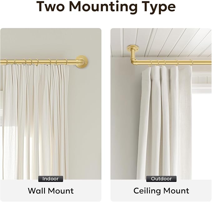 Zeerobee Curtain Rods for Windows 72 to 144, 1 Inch Industrial Wrap Around Curtain Rod, Indoor/Outdoor Room Divider Adjustable Drapery Pole, 72"-144", Gold