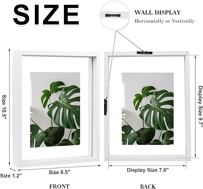 Egofine 8x10 Floating Frames Set of 2, Double Plexiglass Picture Frame, Made of Solid Wood Display Any Size Photo up to 8x10, Wall Mount or Tabletop Standing, White