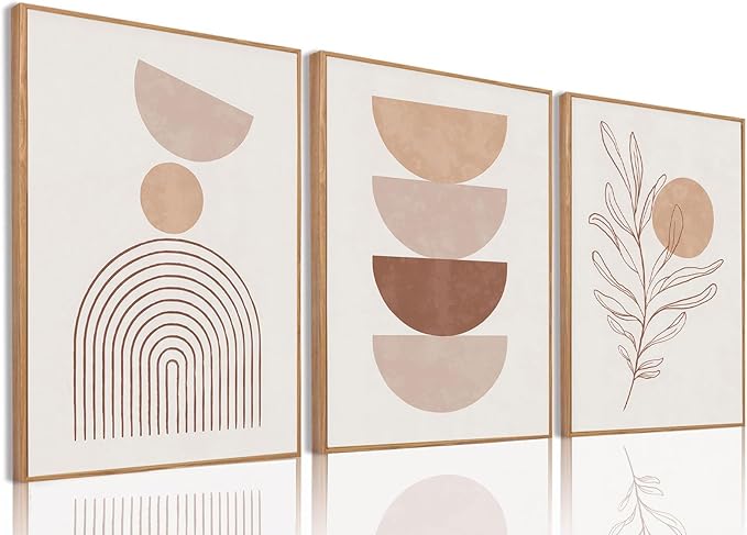 Bwodke Framed Boho Canvas Wall Art Mid Century Modern Prints Set of 3 Neutral Geometric Line Leaf Paintings Decor Minimalist Abstract Pictures Bedroom Living Room Bathroom