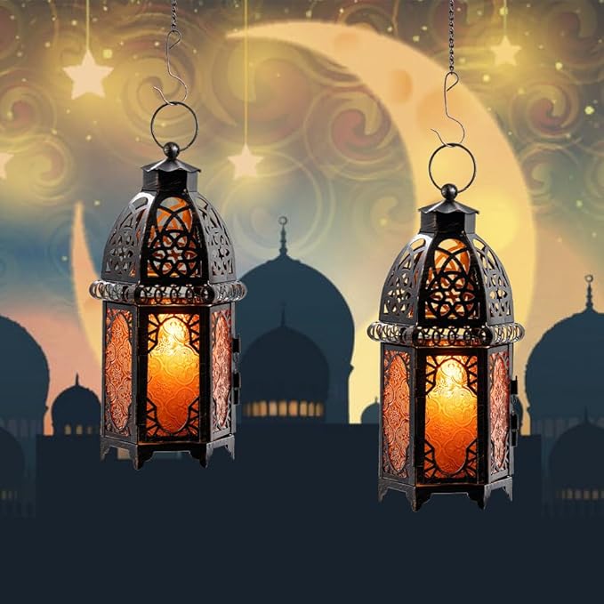 DECORKEY Set of 2 Moroccan Lanterns Decorative Indoor & Outdoor, 11’’ Medium Size Vintage Metal Hanging&Tabletop Candle Holder Decor, Halloween Christmas Ramadan Decorations for Home (Amber)