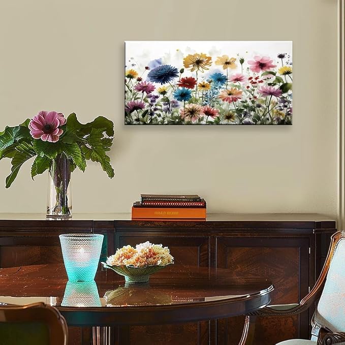 KZKU Flower Wall Art Canvas Prints Home Decor for Living Room Dining Room Bedroom Office Bathroom Multi-colored Watercolor wildflowers Pictures Wall Decor 20" x 40" Artwork