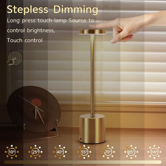Rechargeable Cordless Table Lamp,Portable Outdoor 5000mAh Battery Operated LED Table Light Touch Control 3 Color Dimmable for Bedroom,Patio,Cofee,Camping,Dining,Restaurant&Livingroom-Gold