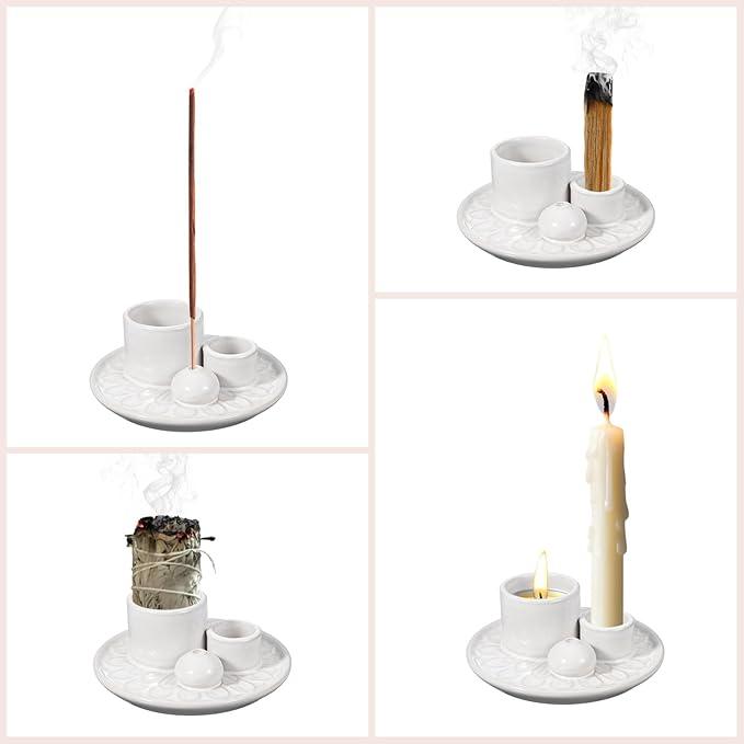 uxcell Incense Burner, 4 in 1 Ceramic Incense Holder Santo Holder Ash Catcher & Candle Holder Decorative Bowl for Meditation Stick Aromatherapy Yoga, White