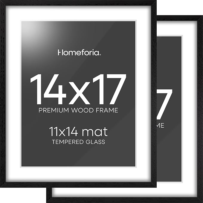 Homeforia 14x17 Picture Frame Black Wood, High End Oak 14x17 Frames with Mat 11x14 Photo, 14 x 17 Wooden Poster Frame Matted to 11 by 14 Print, 17x14 Hanging Frames, Tempered Glass, Wall Kit, Set of 2