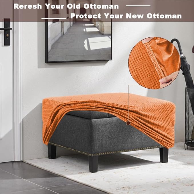Square Ottoman Cover Large Stretch Storage Ottoman Bench Covers Slipcovers Cube Jacquard Covers for Square Ottomans Coffee Table Footrest Stool Cover with Elastic Bottom L Orange
