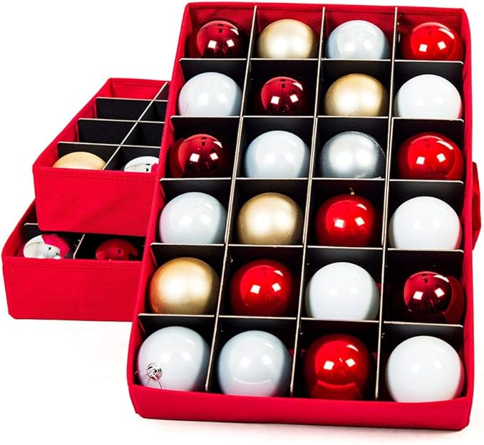 Santa's Bags [Christmas Ornament Storage Box with Dividers] - (Holds 72 Ornaments up to 3 Inches in Diameter) | Acid-Free Removable Trays with Separators | 3 Removable Drawer Style Trays