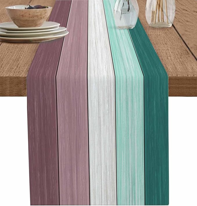 Aqua Green Purple Summer Table Runner, Nautical Coastal Beach Farmhouse Cotton Linen Holiday Table Decor for Home,Kitchen,Dining Room,Indoor,Outdoor,18X72 Inches Long, Retro Rustic Barn Wood Texture