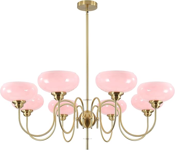 BOKT Gold Mid Century Chandelier Over Table 8-Light Pink Flush Mount Ceiling Light Fixture Kitchen Adjustable Height Ceiling Hanging Light Pink Globe Glass Chandelier for Dining Room Bedroom