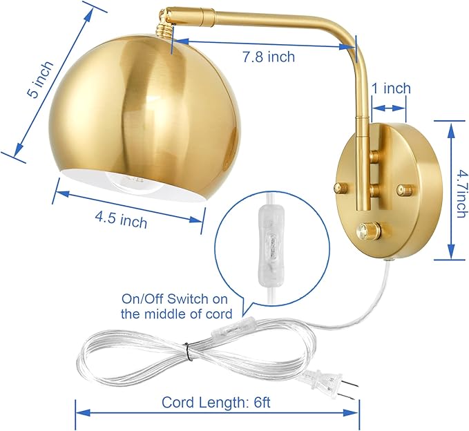 Plug in Dimmable Wall Sconce Swing Arm Wall Lights with Plug in Cord and Dimmer On/Off Knob Switch, Brushed Brass Globe Wall Light for Bedside Bedroom Bathroom(1 Bulb Included)