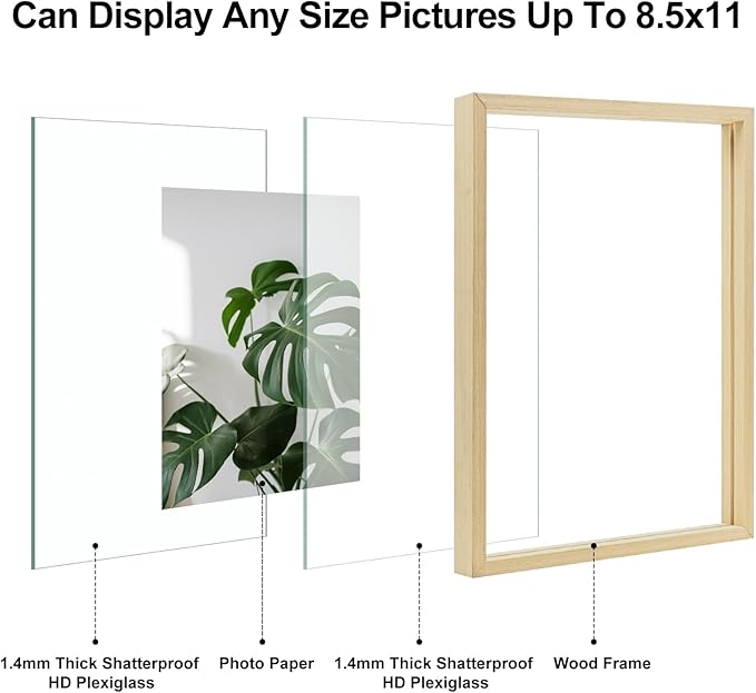 Egofine 8.5x11 Floating Frames Set of 2, Double Plexiglass Picture Frame, Made of Solid Wood Display Any Size Photo up to 8.5x11, Wall Mount or Tabletop Standing, Natural Wood