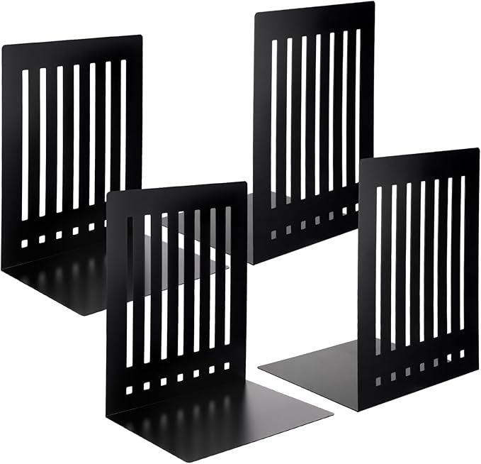 4 Pcs 10 Inch Heavy Duty Bookends Non-Skid Base Large Black Heavy Duty Book Ends Stopper for Office Books Vinyl Records Shelves Binders